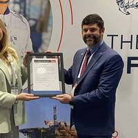 Left to right: Anastasija Kuprijanova, director of maritime dusiness development, Amogy, with Keegan Plaskon, director, business development â eastern North America, American Bureau of Shipping (Photo: Eric Haun)