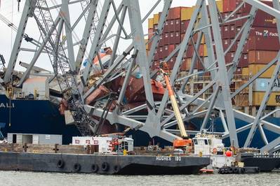 Salvors prepare charges for upcoming precision cuts to remove section 4 from the port side of the bow of the containership Dali on May 7, 2024 (Photo: Christopher Rosario / USACE)